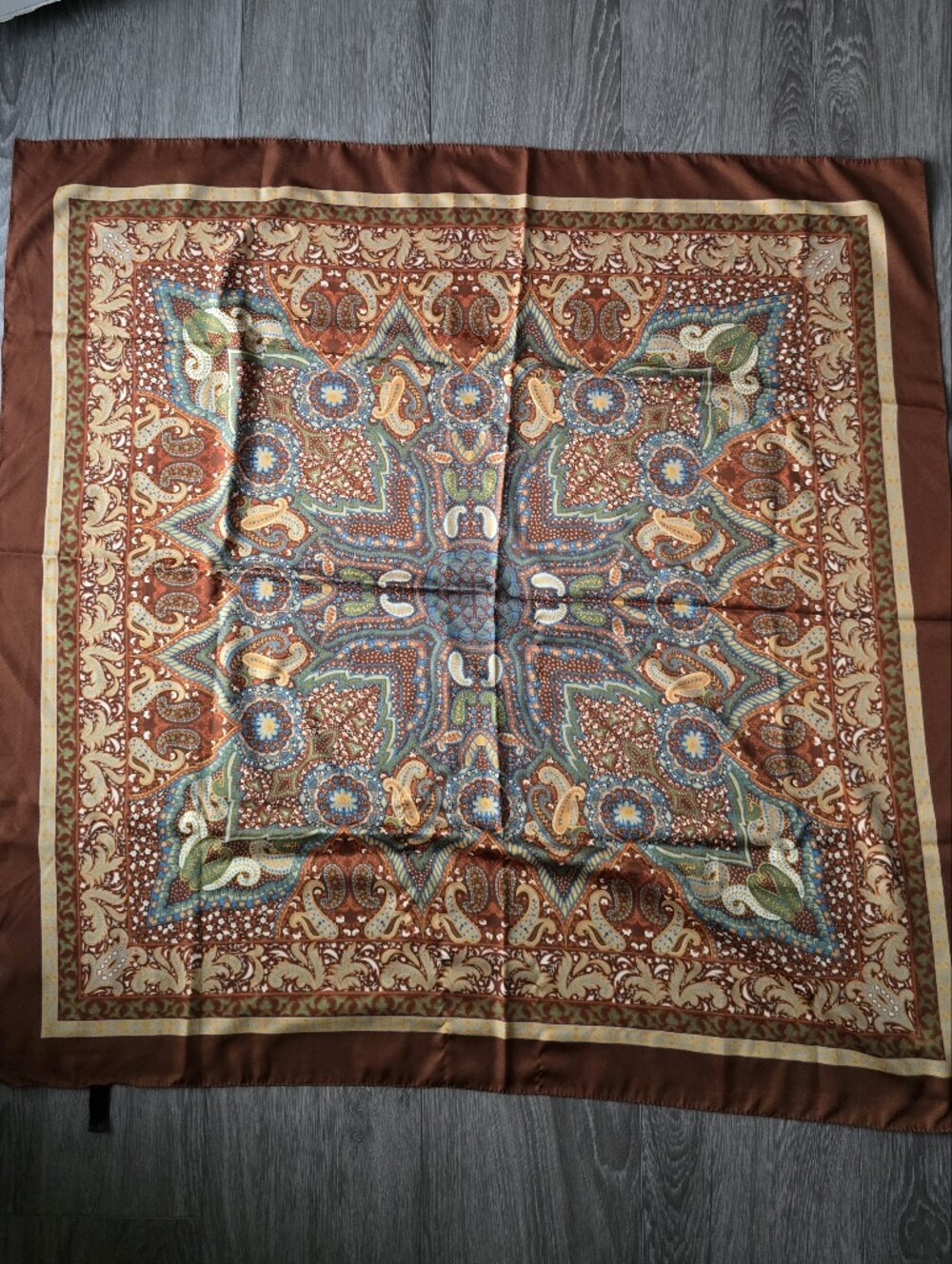 Vintage Italian Paisley Scarf 34" Square Copper Brown Kaleidoscope Medallion